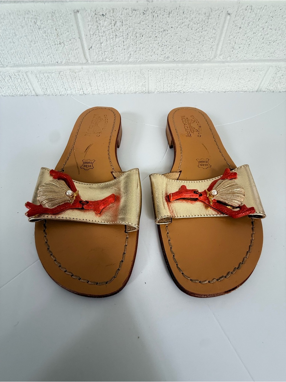 Gold Slide Sandals with Coral Shell Detail
